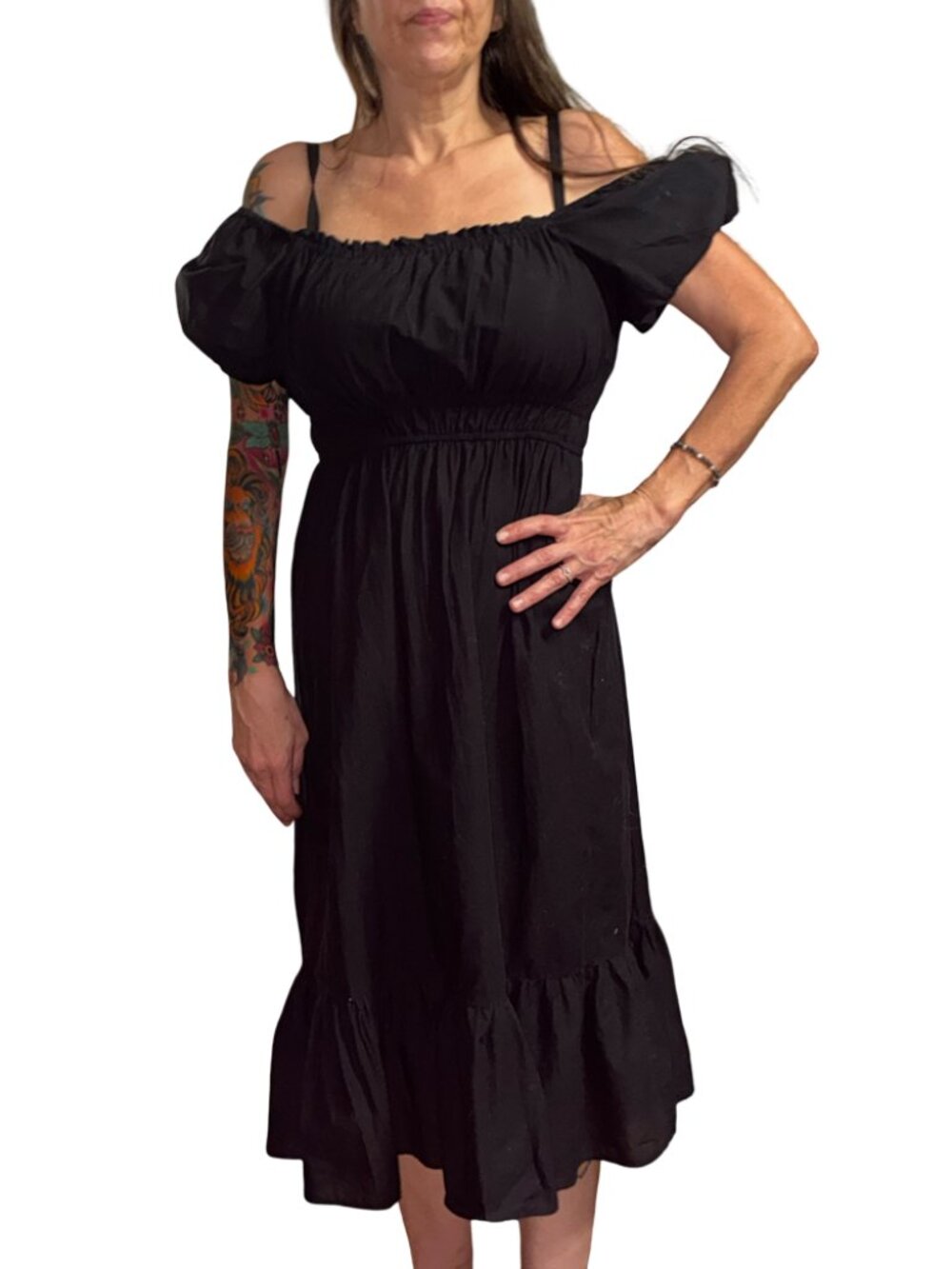 Sz.L*Dizzy Lizzy*Black Midi Dress--Puffy Sleeves--Off-the-Shoulder